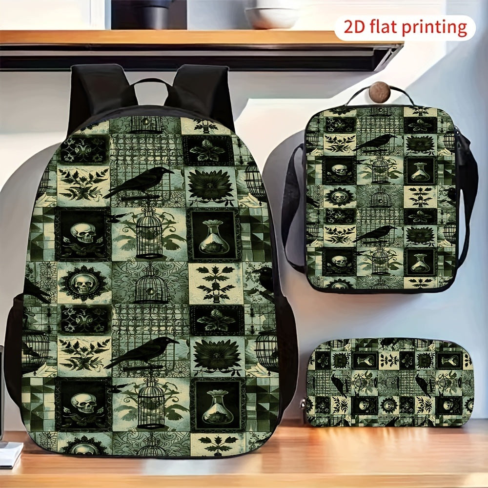 3pc Gothic Crow Skull Botanical Patchwork Bag Set