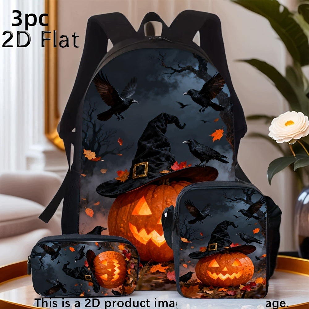 3pc Halloween Pumpkin Crow Print Backpack Set Crossbody Bag
