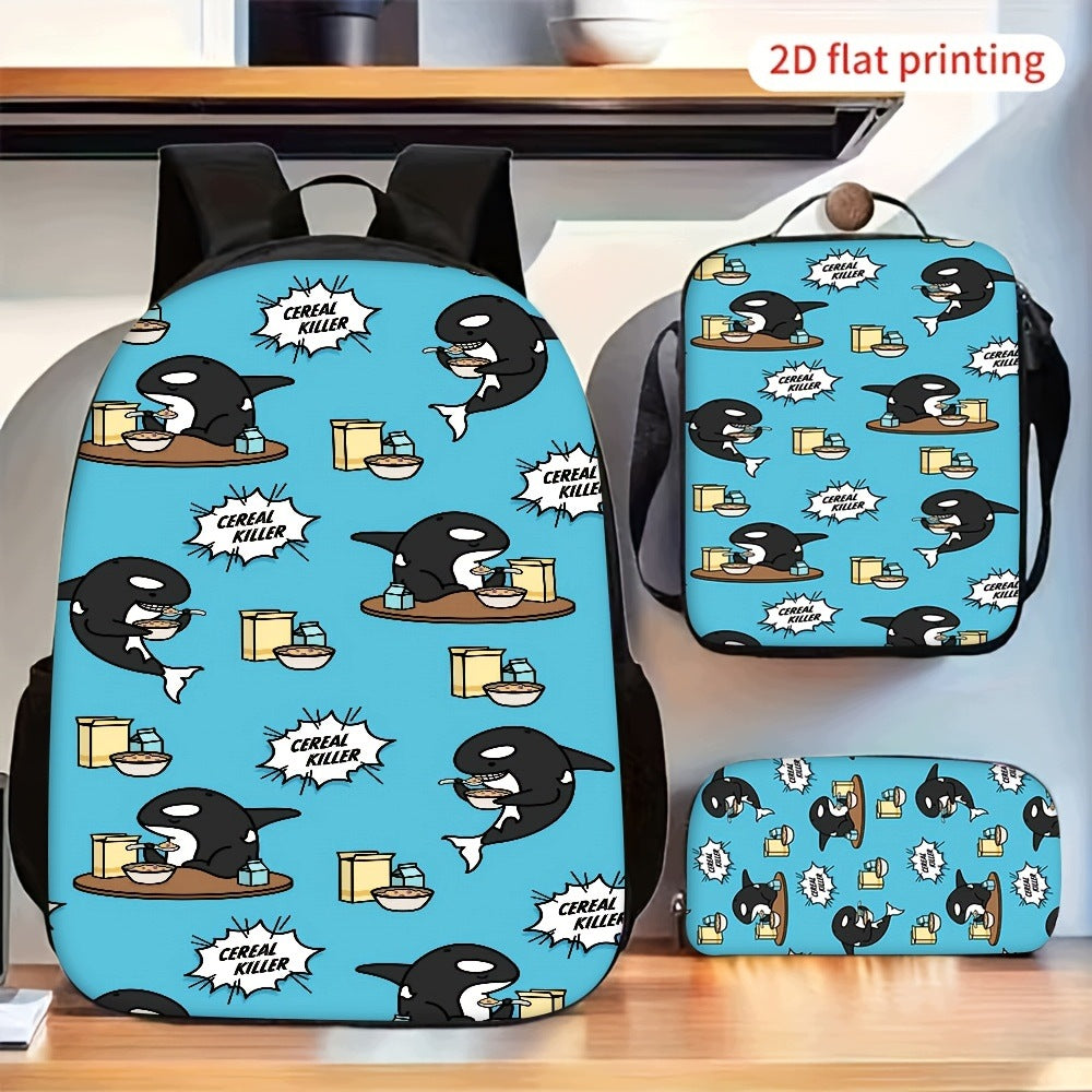 3pc Orca Whale Print Backpack Set with Lunch Bag & Pencil Case