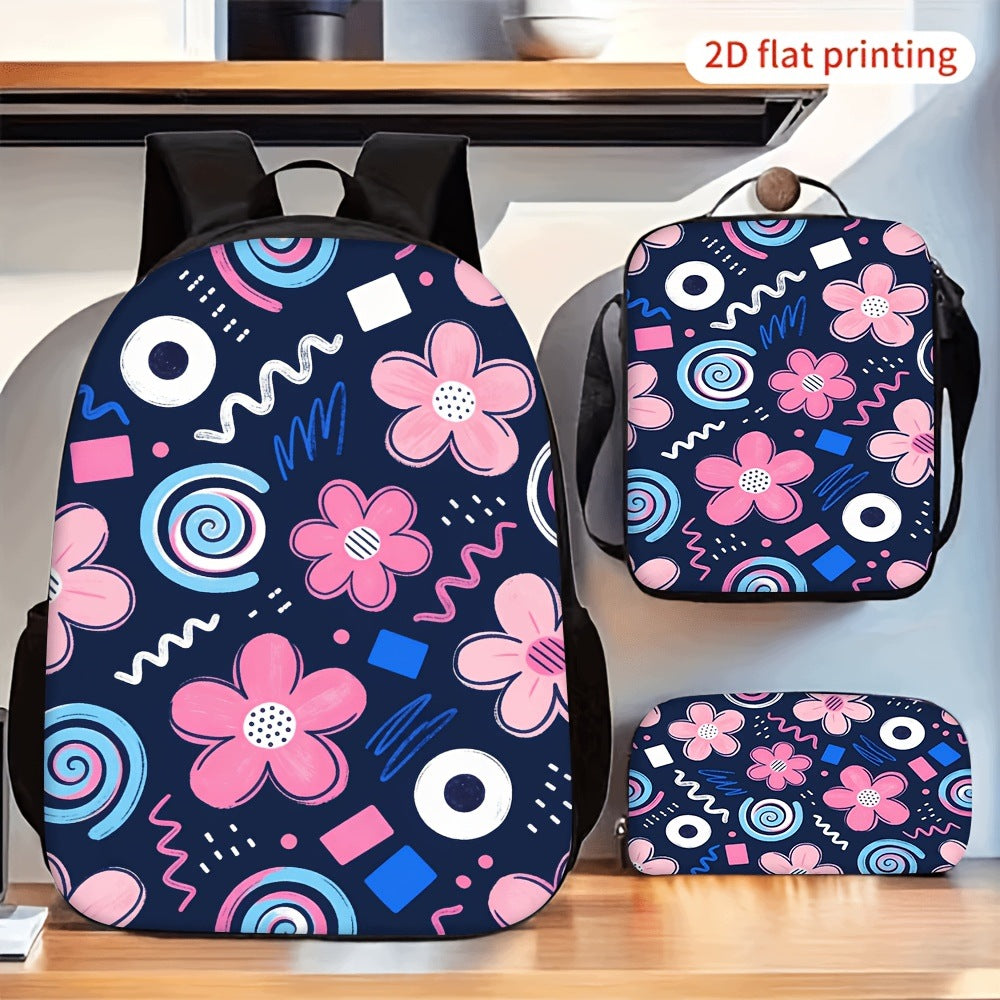 3pc Pink Floral Geometric Backpack Set with Lunch Bag and Pencil Case