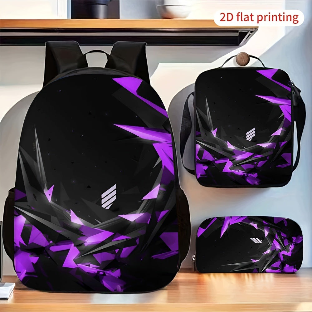 3pc Purple Black Abstract Geometric Backpack Crossbody Stationery Pouch