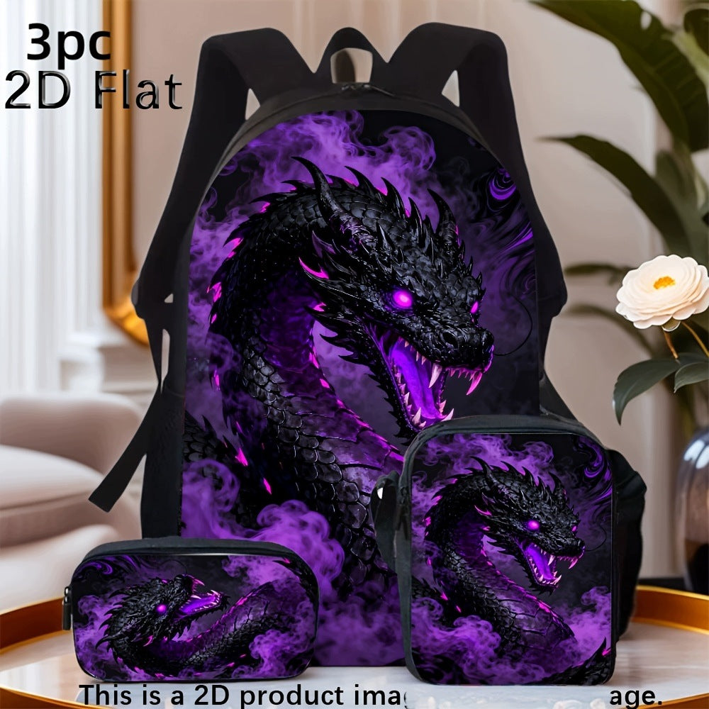 3pc Purple Black Dragon Print Backpack Set with Crossbody Bag