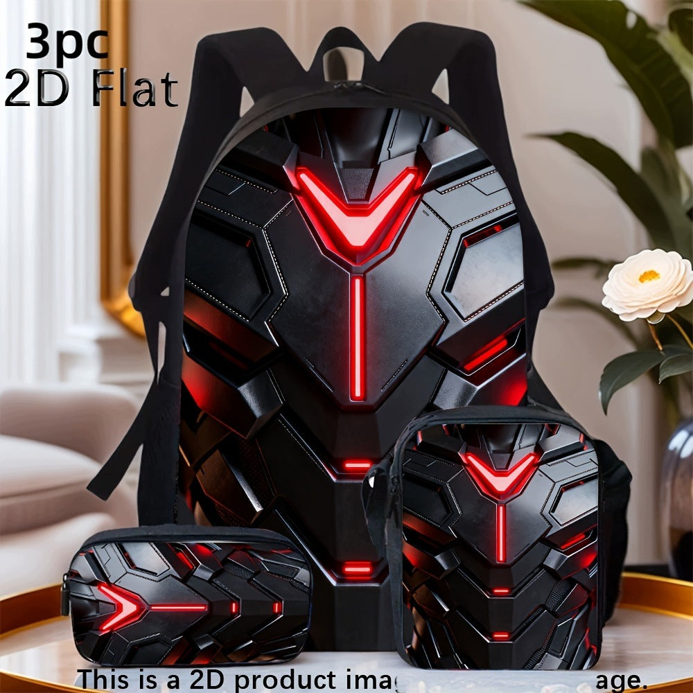 3pc Red Mechanical Armor Backpack Set with Matching Small Bag and Pen Holder