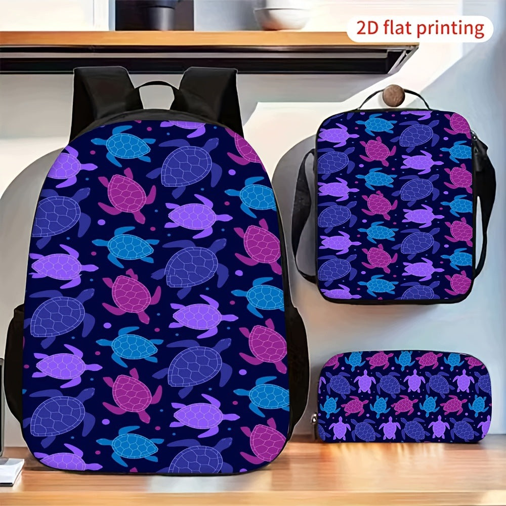 3pc Turtle Print Backpack Set for Travel and Daily Use