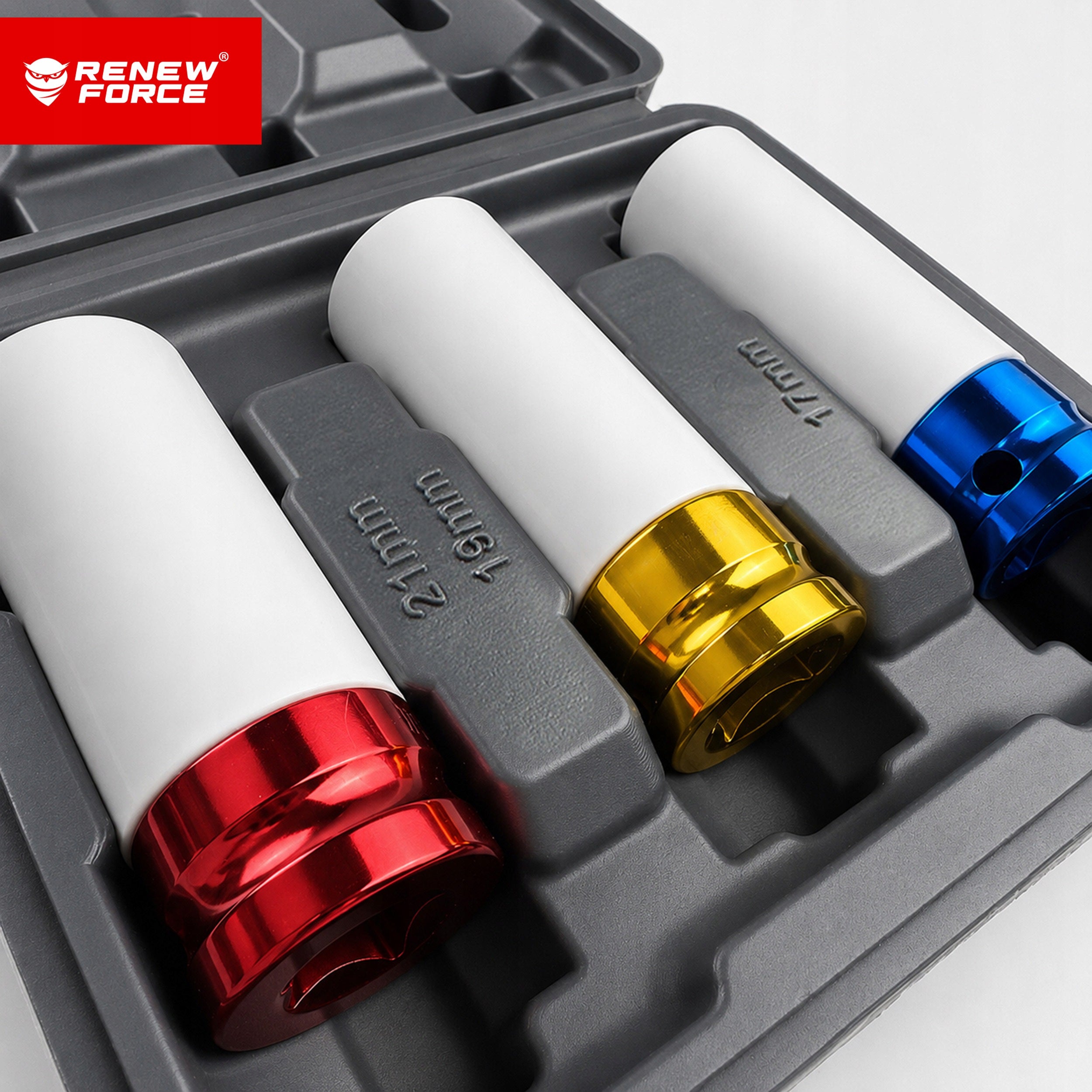 3pcs 1/2" IMPACT SOCKET SET FOR ALLOY WHEELS 17/19/21mm COLORFUL Brand Renew Force