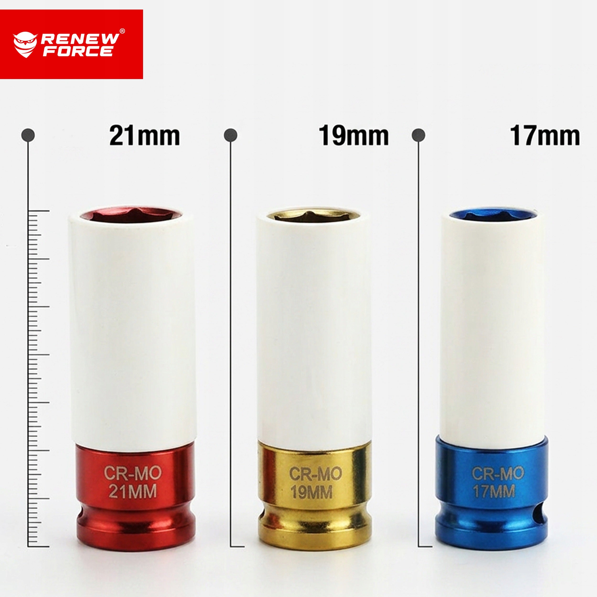 3pcs 1/2" IMPACT SOCKET SET FOR ALLOY WHEELS 17/19/21mm COLORFUL Manufacturer code NASADKI UDAROWE DO KÓŁ FELG Cr-Mo ODPORNE 19