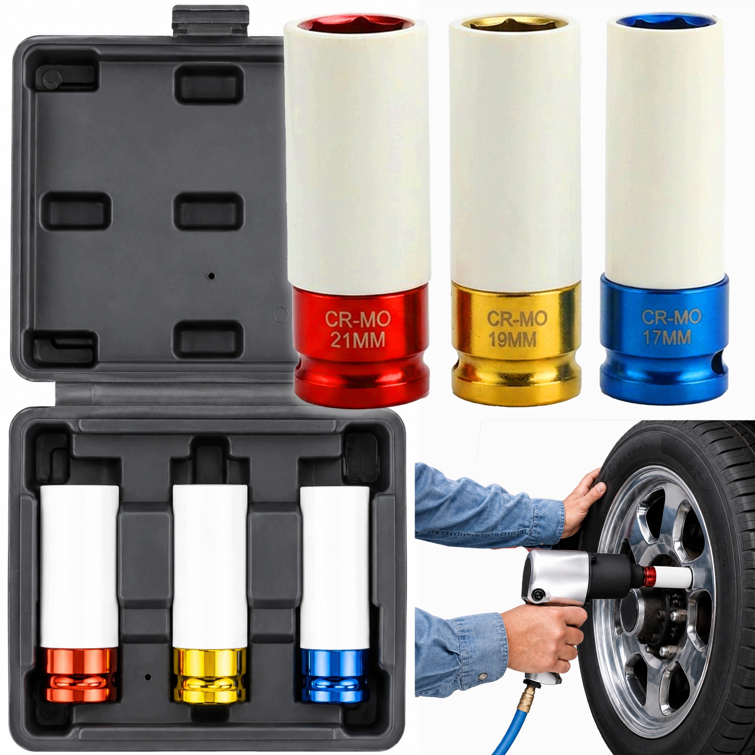 3pcs 1/2" IMPACT SOCKET SET FOR ALLOY WHEELS 17/19/21mm COLORFUL