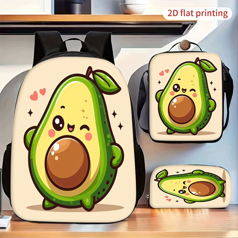 3pcs 2D Flat Printed Cute Cartoon Avocado Backpack Crossbody Bag Pencil Case