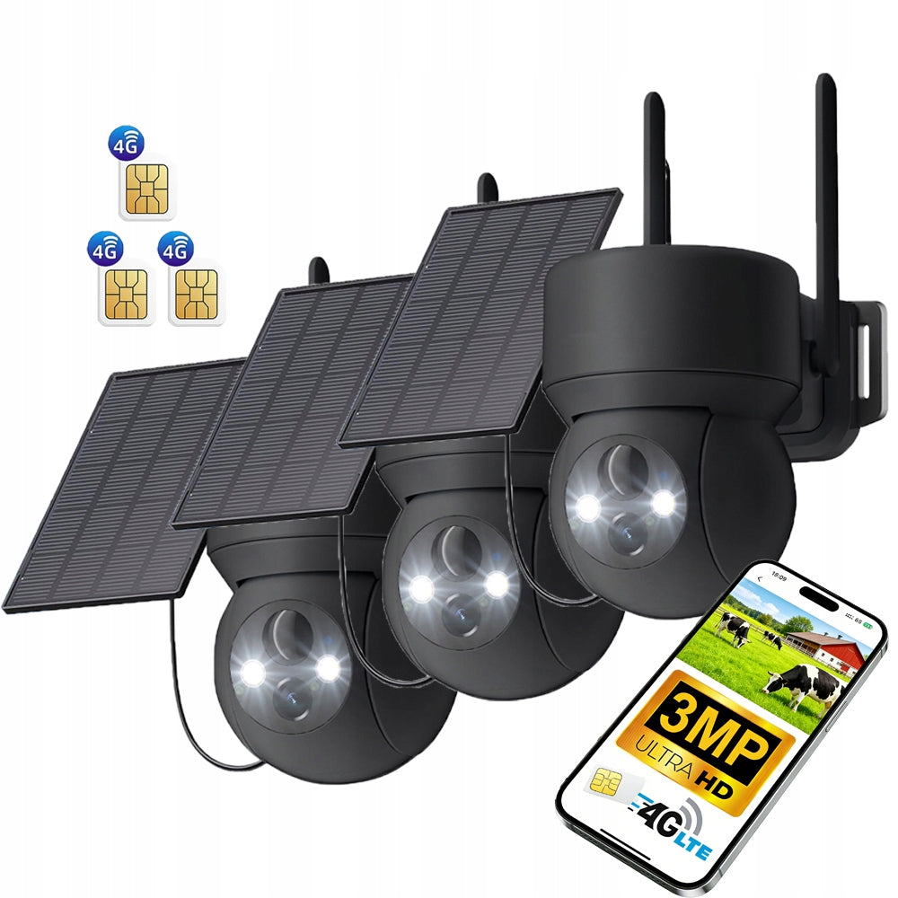 3pcs 3MPX OUTDOOR IP SOLAR CAMERA FOR SIM CARD 4G LTE ROTATING PTZ