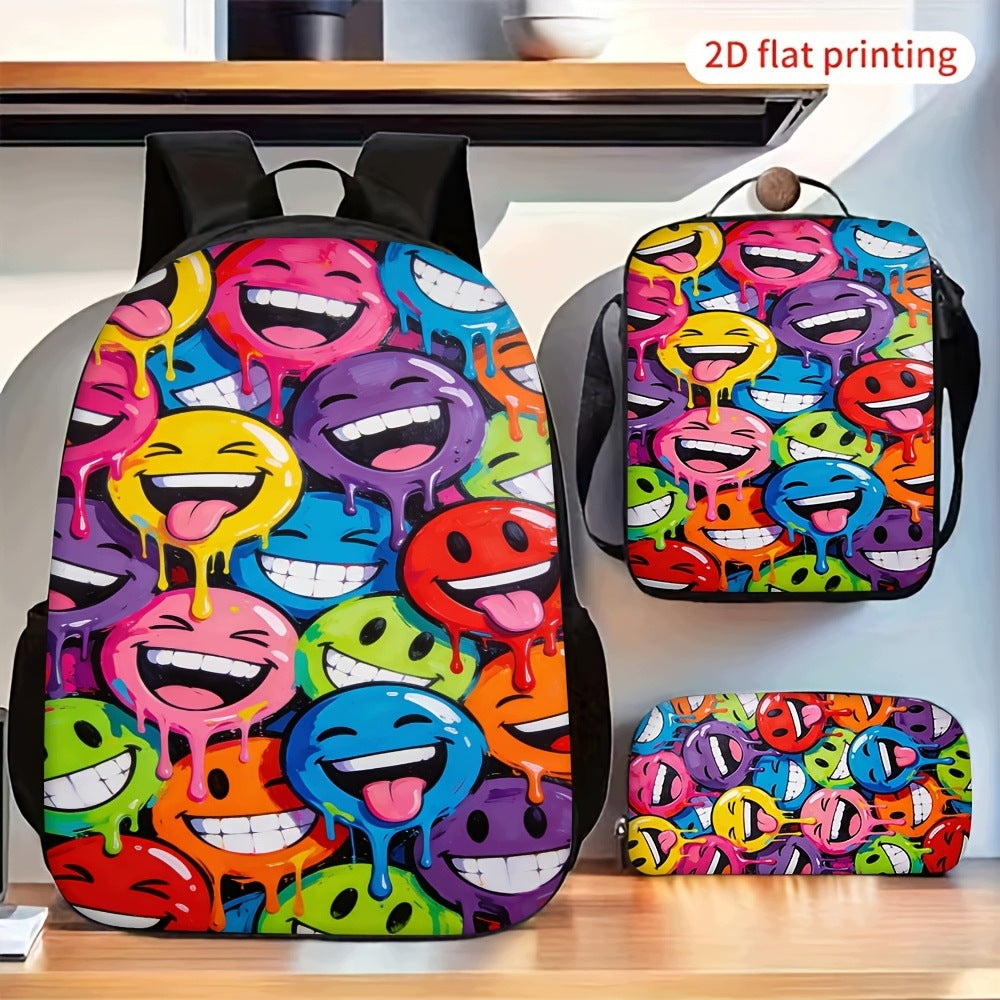 3pcs Backpack, Lunch Bag, and Pencil Case Set with Joyful Face Print - Large Capacity