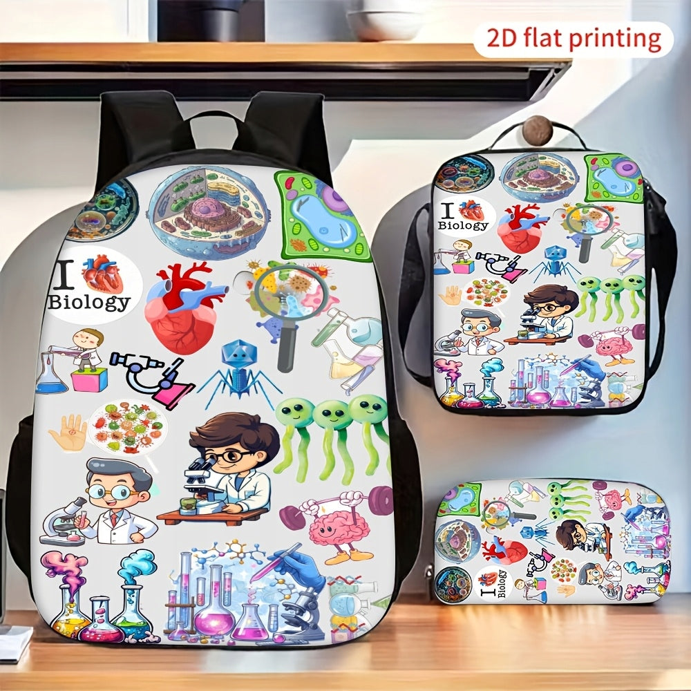 3pcs Biology Science Experiment Pattern Backpack Set with Lunch Pencil Bag