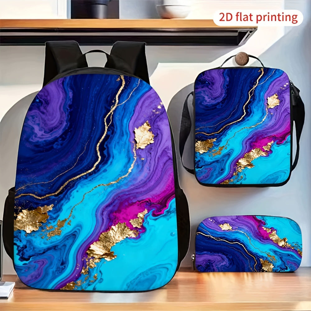 3pcs Blue Purple Marble Gold Foil Backpack Shoulder Bag Pouch