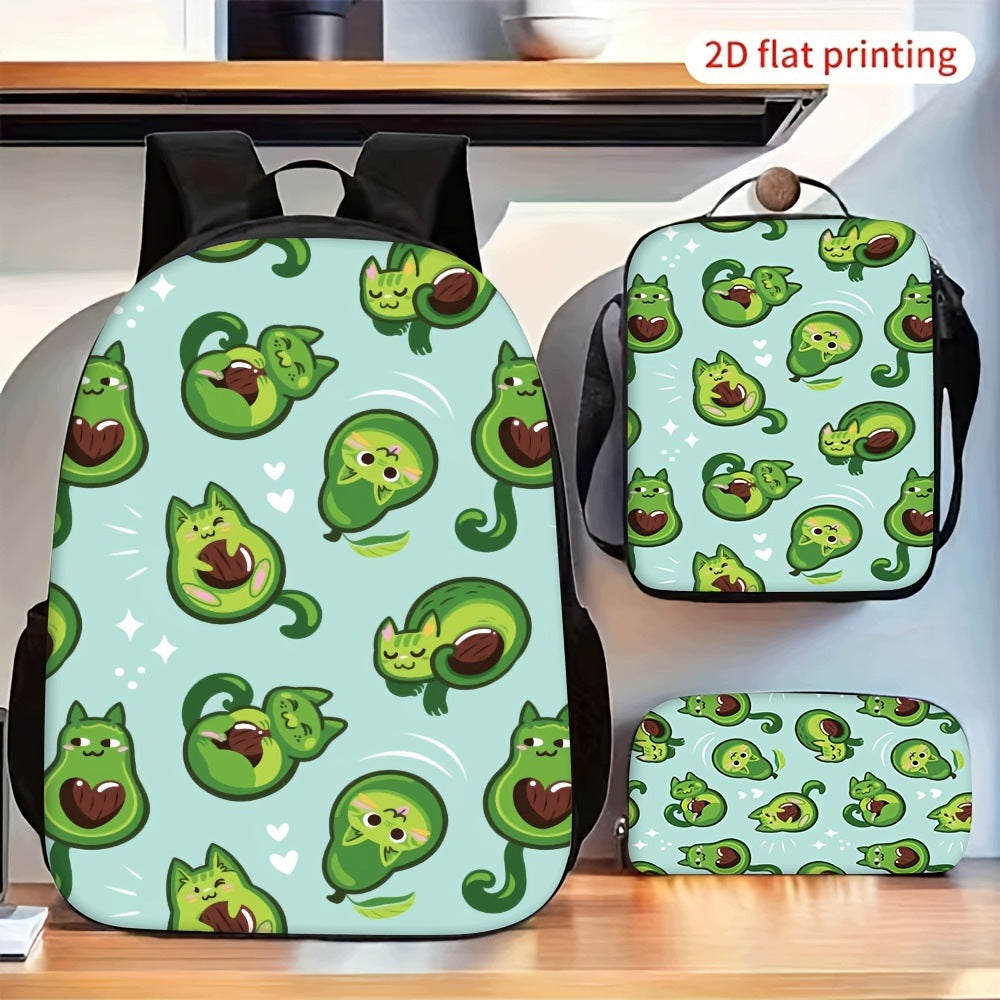 3pcs Cartoon Green Cat Pattern Matching Bag Set Travel Combo