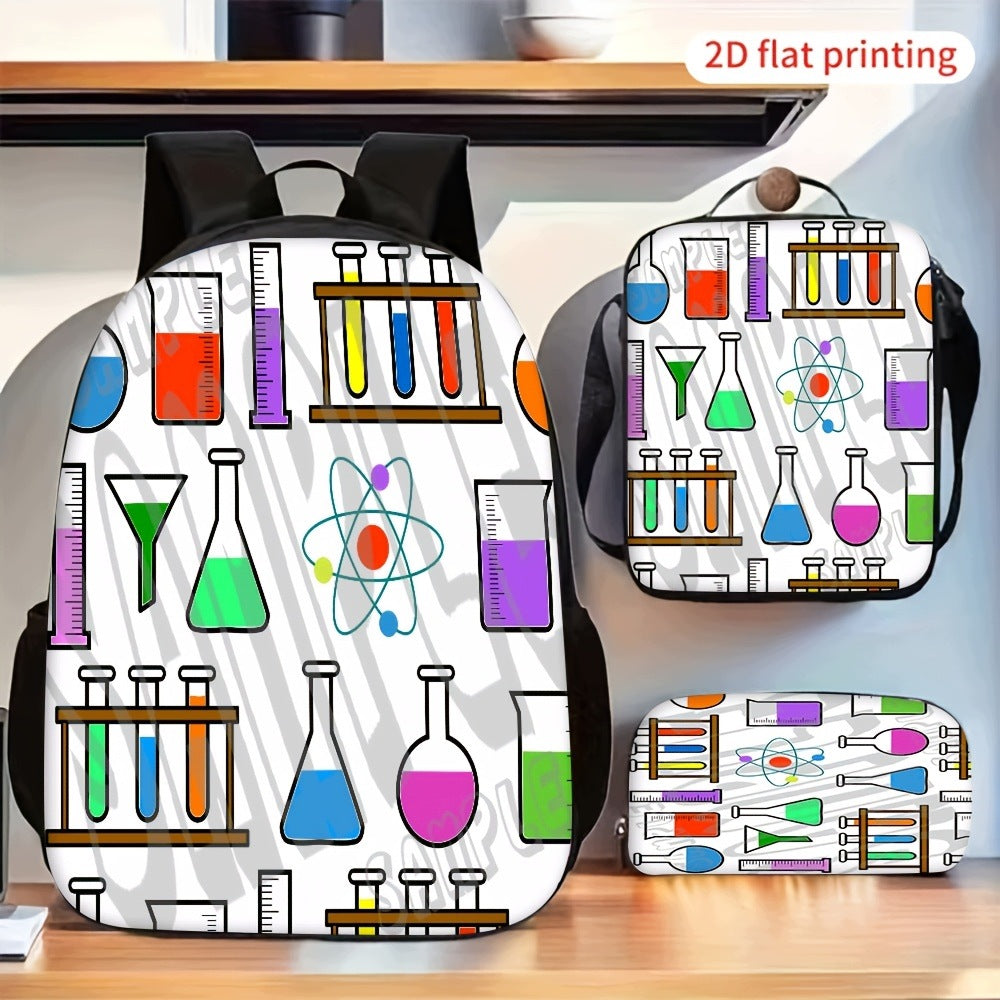 3pcs Chemistry Atom Pattern Backpack Lunch Bag Pencil Case