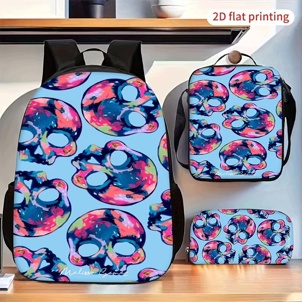 3pcs Colorful Abstract Art Skull Pattern Backpack Set with Small Pencil Case