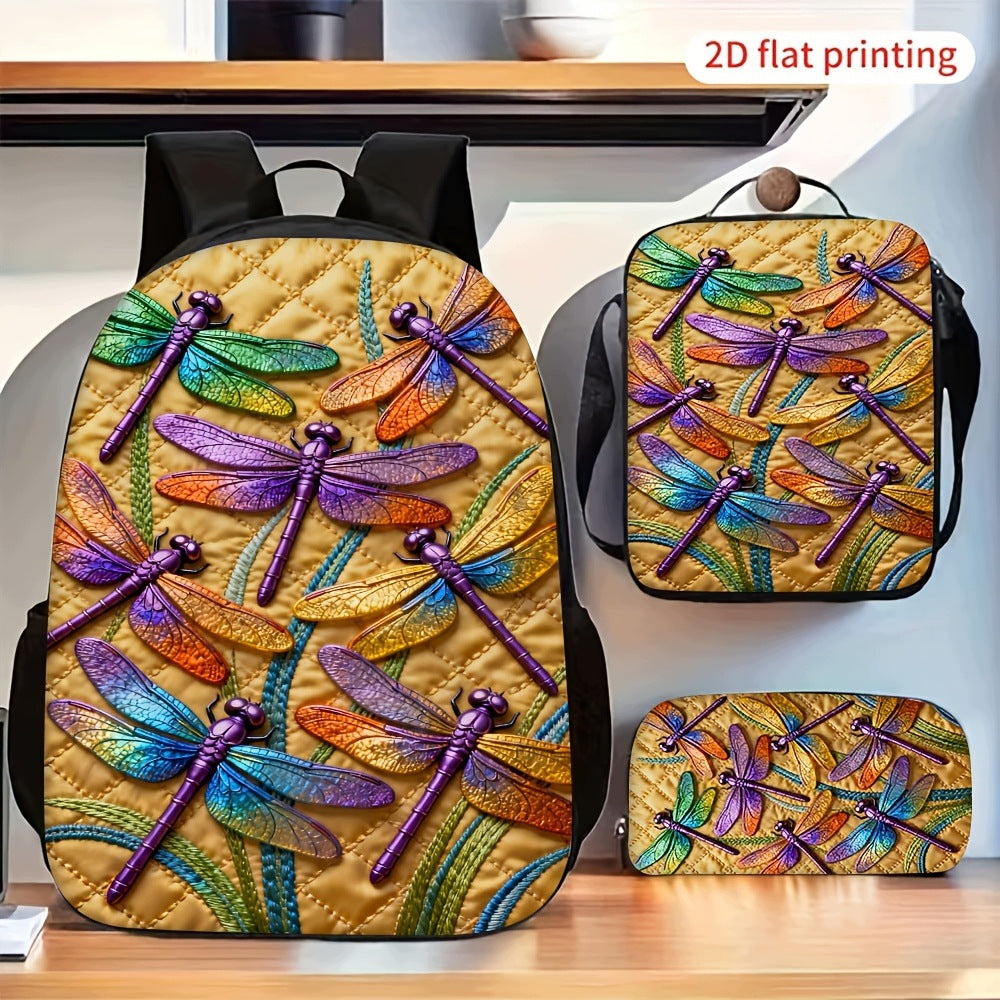 3pcs Colorful Dragonfly Pattern Bag Set with Crossbody Pencil Case