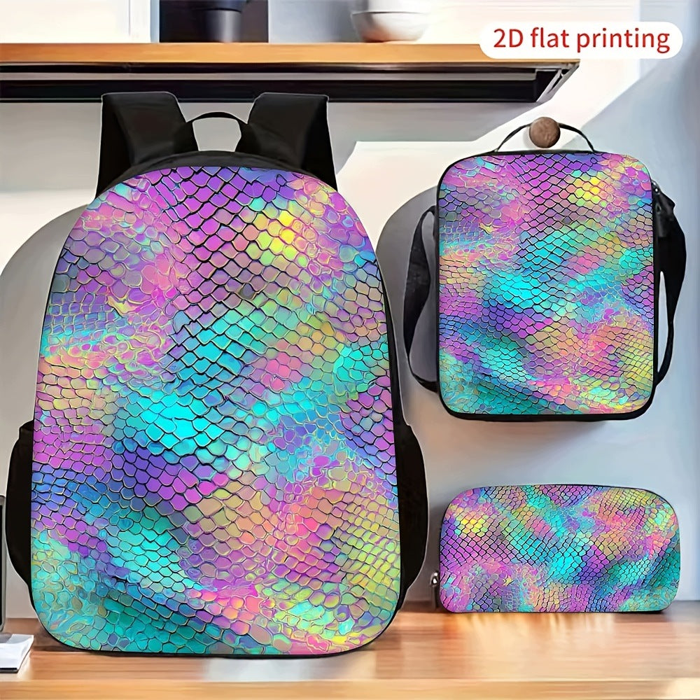 3pcs Colorful Gradient Snake Scale Backpack Crossbody Bag Storage Pouch