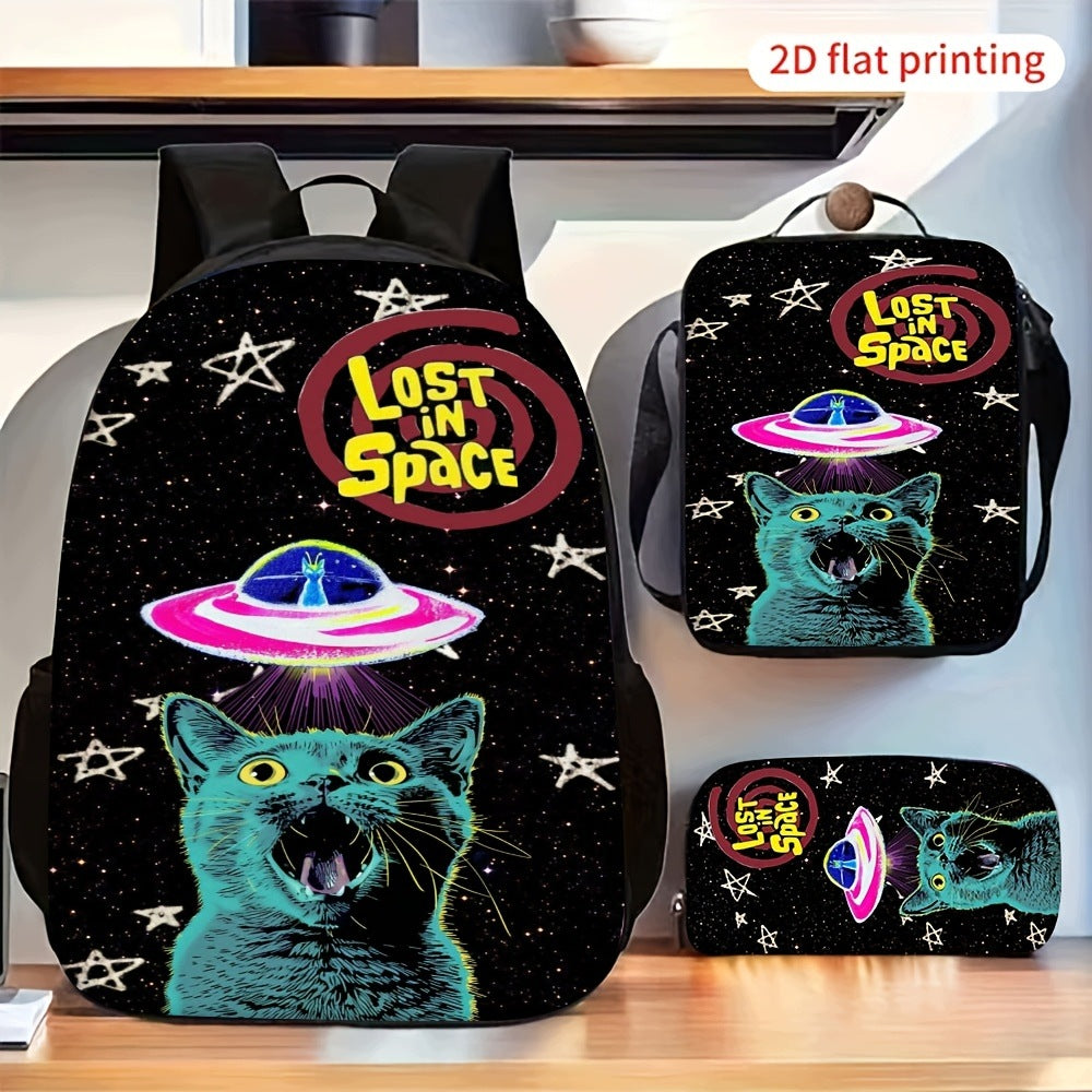 3pcs Cool Cat UFO Space Print Backpack Set with Crossbody Bag
