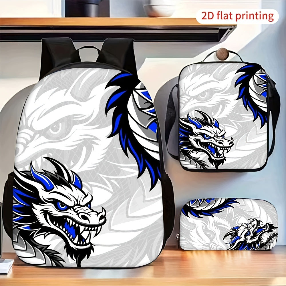 3pcs Cool Dragon Graphic Backpack Set Crossbody Bag Pencil Case