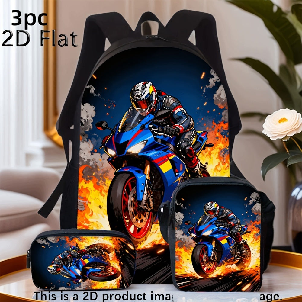 3pcs Cool Flame Racing Motorcycle Backpack Shoulder Bag Pencil Case