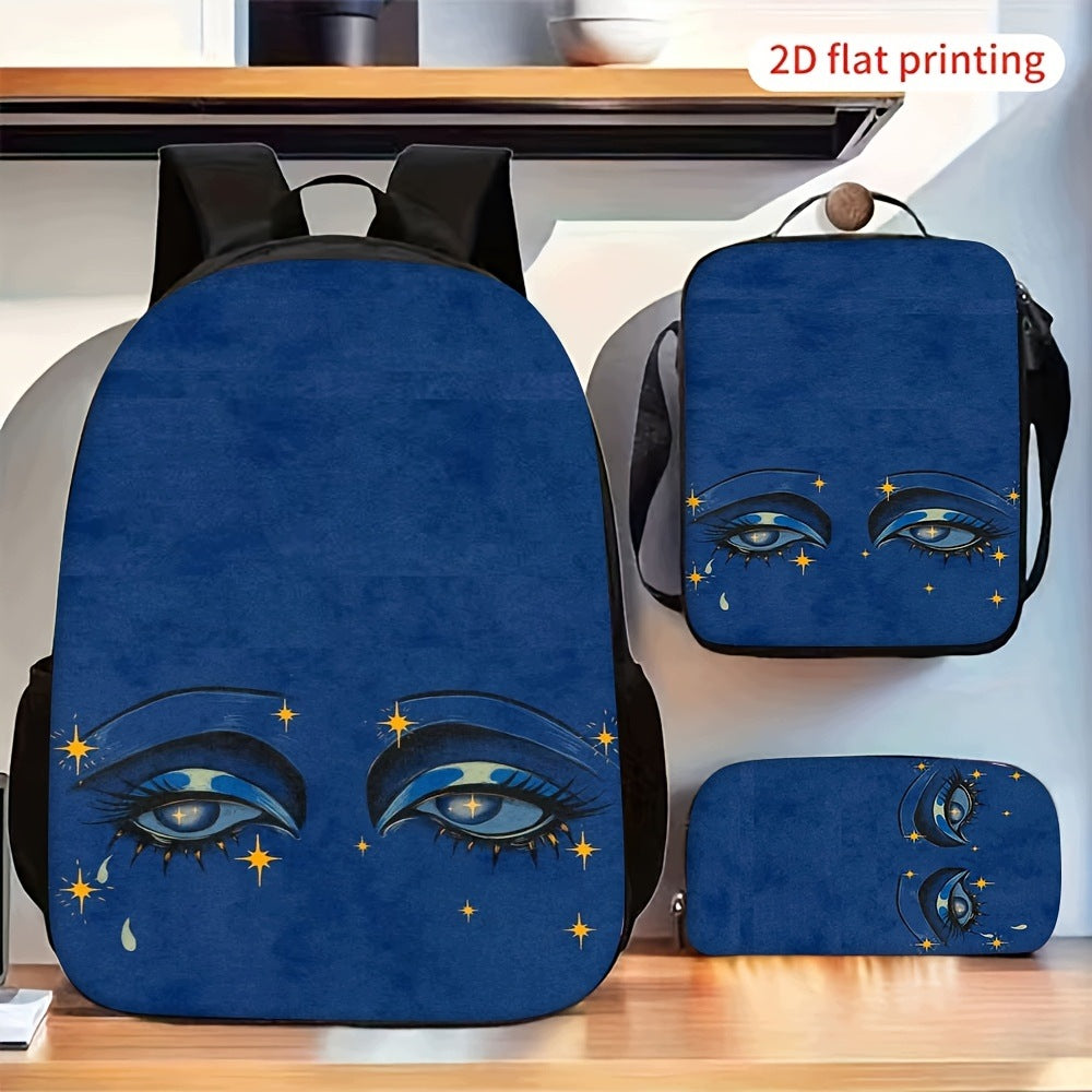 3pcs Crying Blue Eyes Starry Pattern Backpack Crossbody Bag Pencil Case