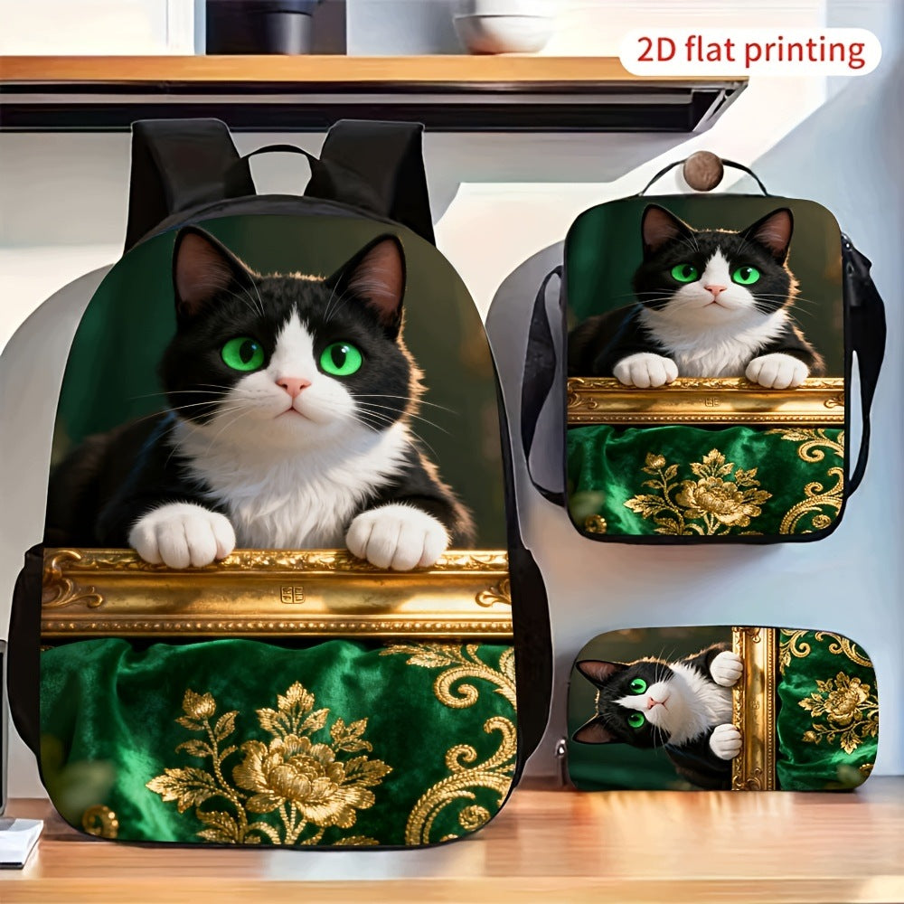 3pcs Cute Black & White Cat Green Pattern Backpack Set with Pencil Case