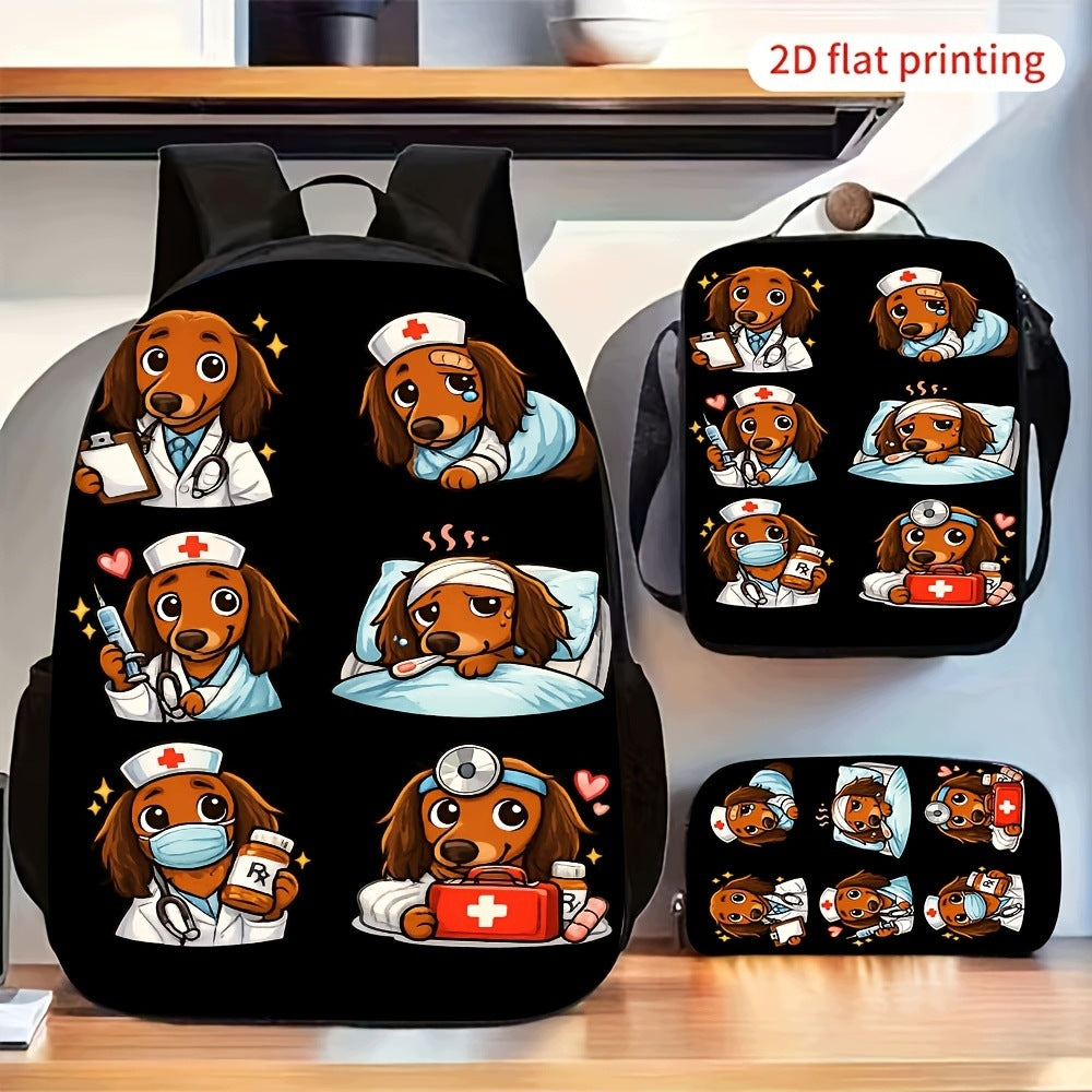 3pcs Cute Cartoon Dachshund Dog Medical Pattern Backpack Bag Set