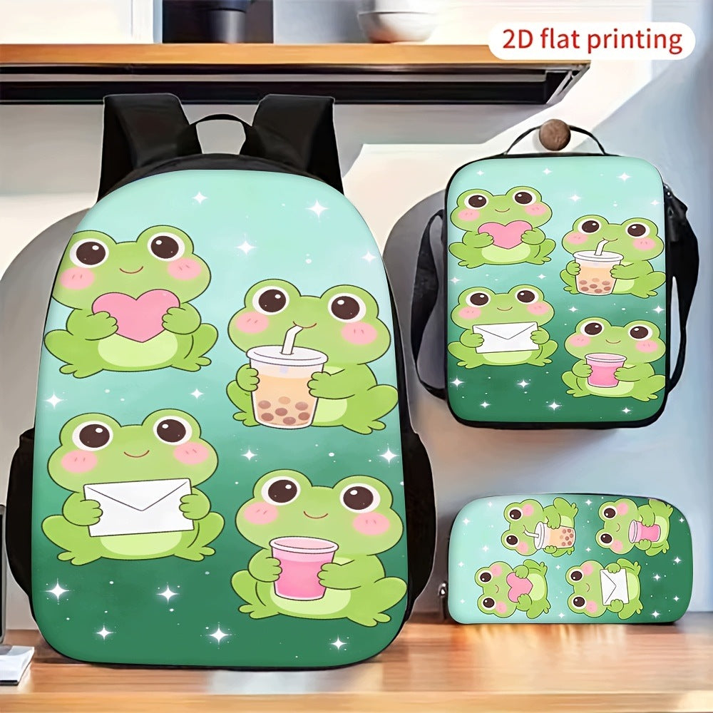 3pcs Cute Cartoon Green Frog Print Backpack Crossbody Bag Pencil Case Set