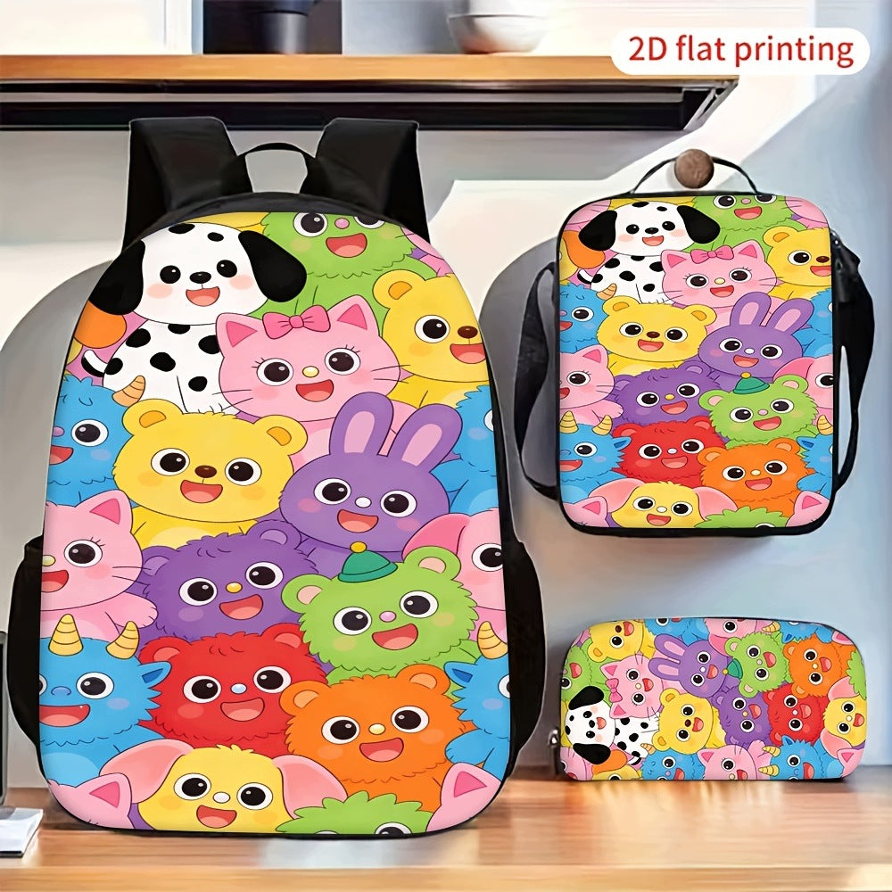 3pcs Cute Elephant Monkey Print School Backpack with Lunch Pencil Case