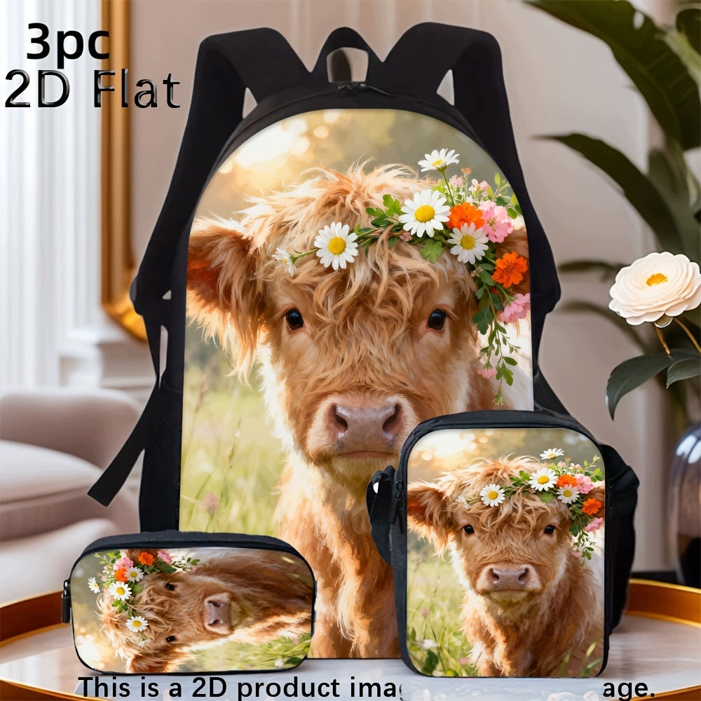 3pcs Cute Highland Cow Flower Crown Print Backpack Crossbody Bag Pencil Case