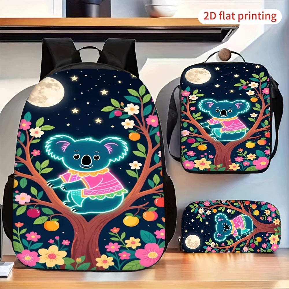 3pcs Cute Koala Moon Star Floral Print Backpack Set with Lunch Bag