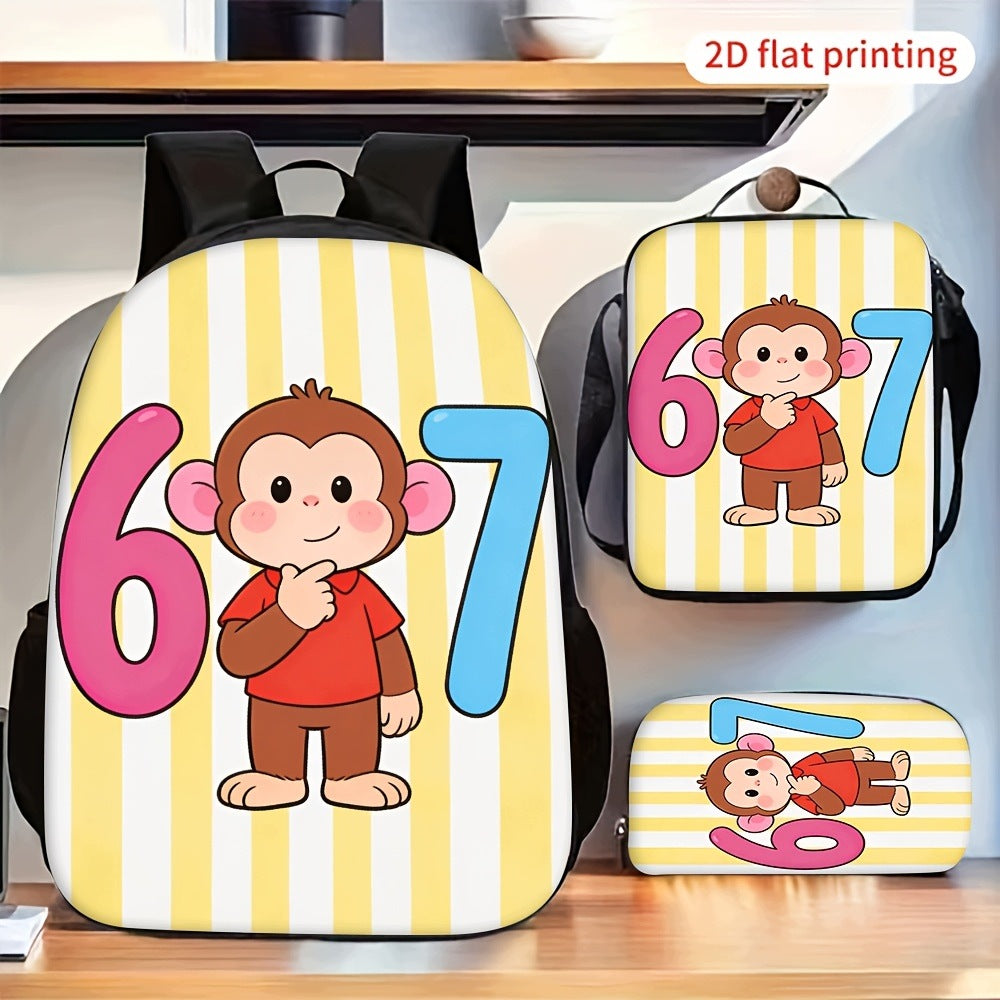 3pcs Cute Monkey Number Print Backpack Set with Lunch Pencil Case