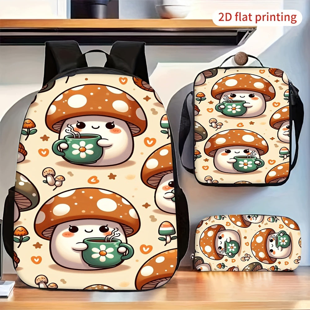 3pcs Cute Mushroom Coffee Cup Print Backpack Lunch Bag Pencil Case