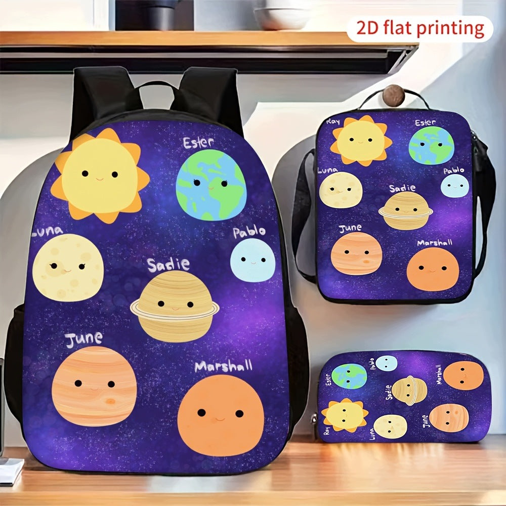 3pcs Cute Planet Sun Print Backpack Set Lunch Bag Pencil Case