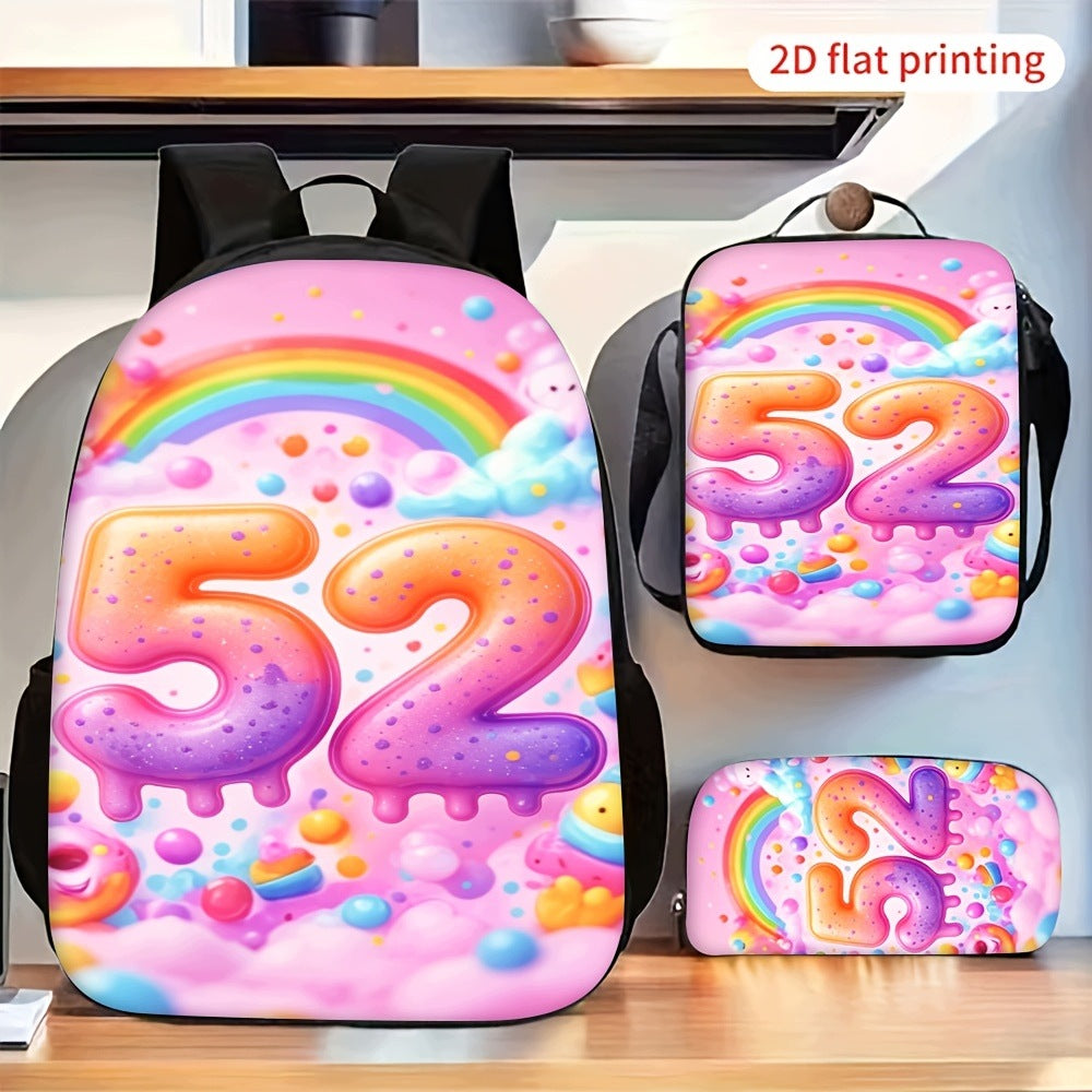 3pcs Cute Rainbow Number 52 Print Backpack Lunch Bag Pencil Case Set