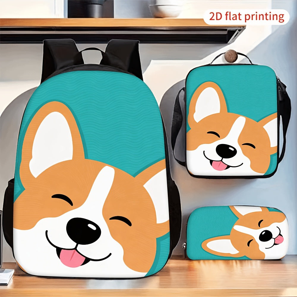 3pcs Cute Smiling Corgi Print Backpack Lunch Bag Pencil Pouch Set