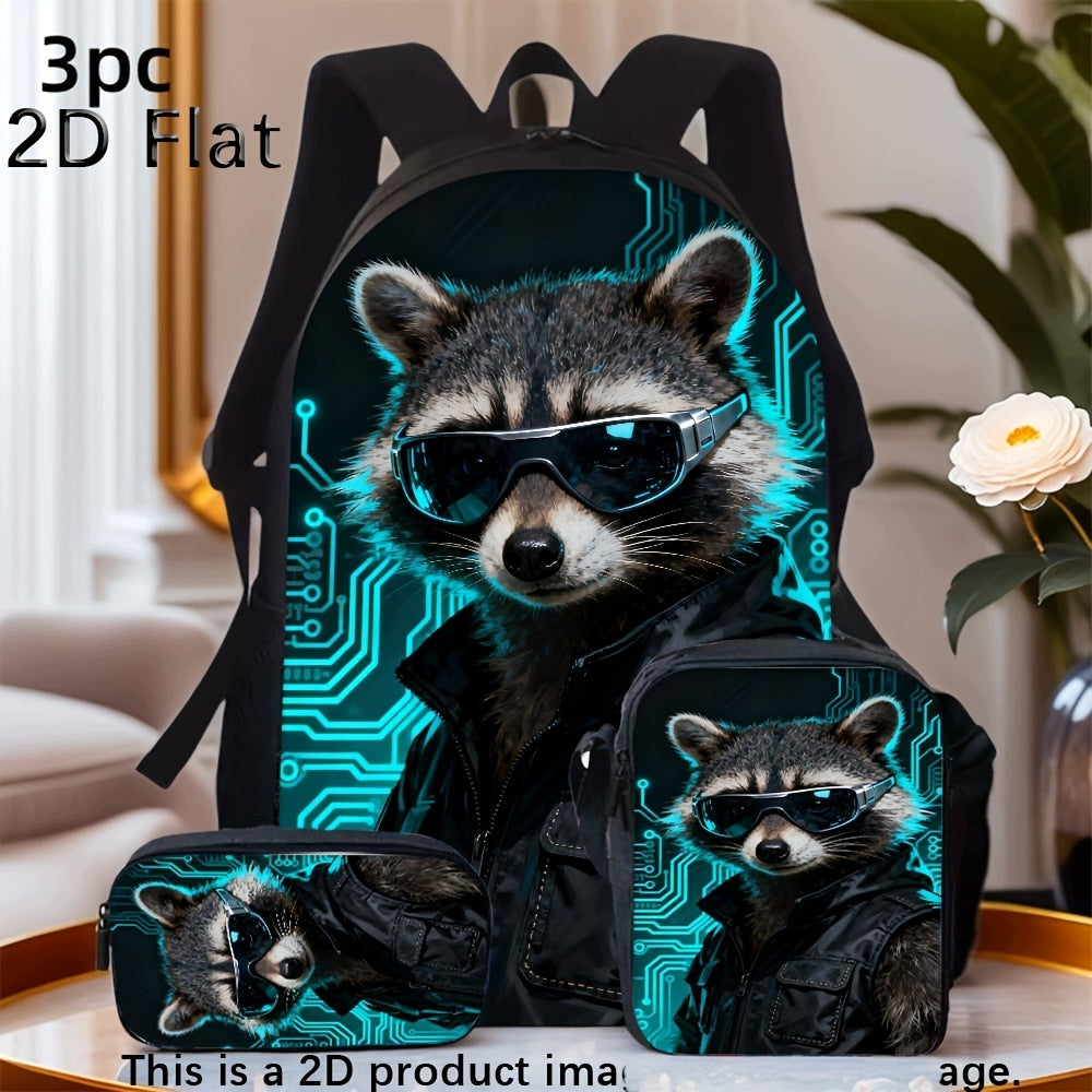 3pcs Cyber Circuit Raccoon Print Backpack Set with Small Purse