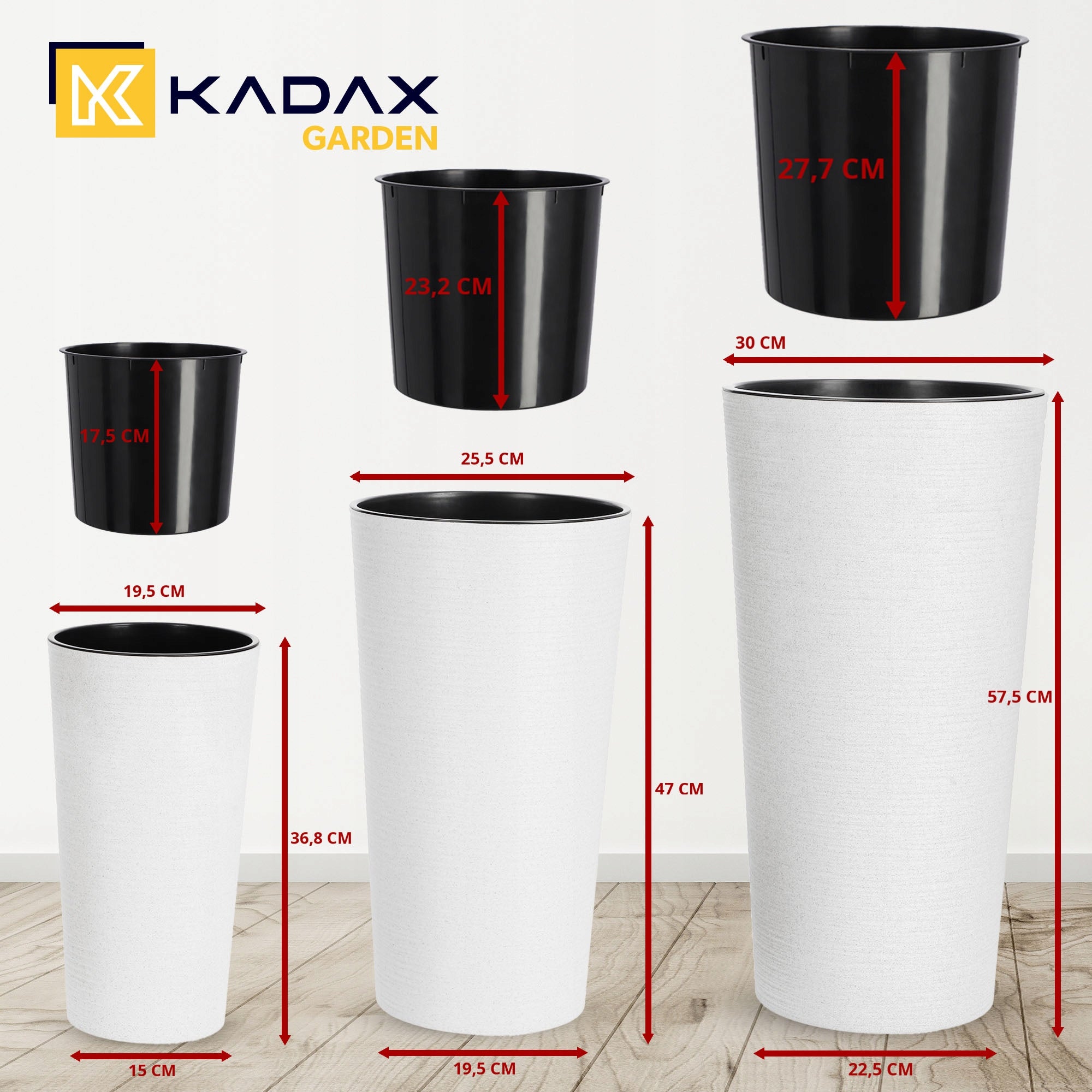 3pcs FLOWER POT 37+47+57 cm GARDEN + CARTRIDGE HIGH LARGE WHITE SET Manufacturer code K8047