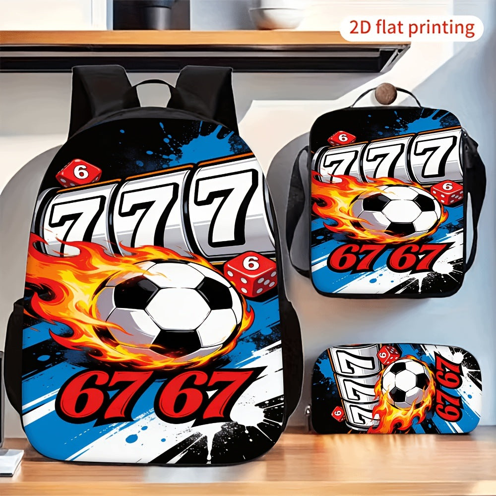 3pcs Flame Soccer Dice Print Backpack Crossbody Bag Pencil Case