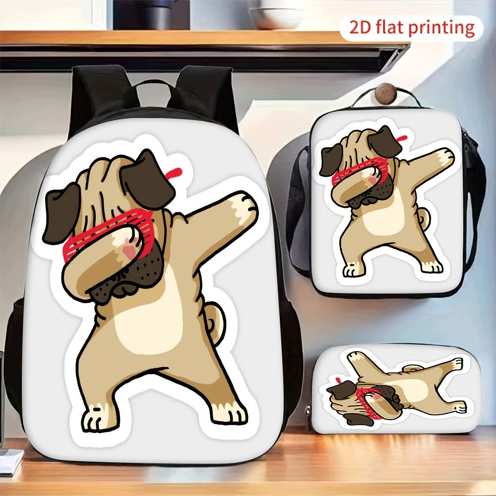 3pcs Funny Dab Dance Pug Dog Print Backpack Set with Lunch Pencil Case