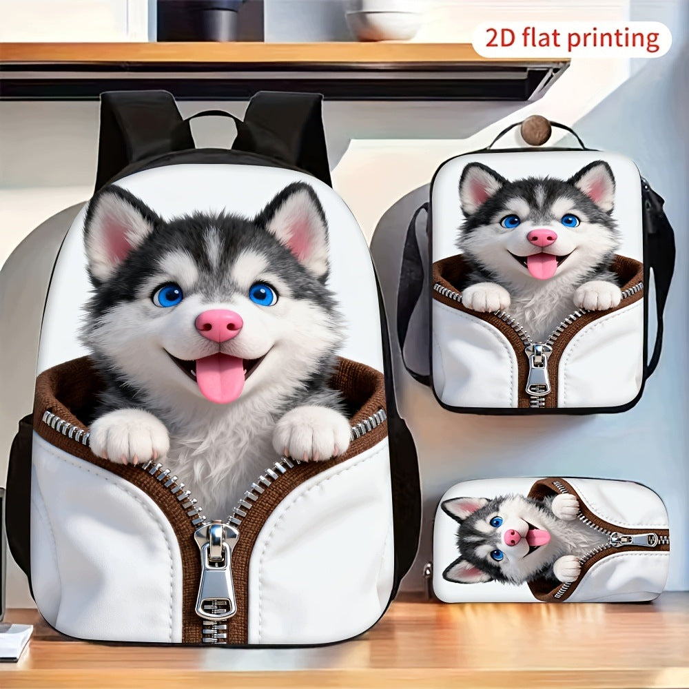 3pcs Husky Puppy Zipper Print Backpack Crossbody Bag Pencil Pouch
