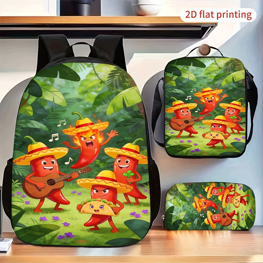 3pcs Jungle Chili Pepper Music Print Backpack Lunch Bag Pencil Case