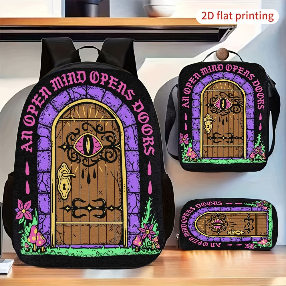 3pcs Magic Door Pattern Backpack Set with Open Mind Design