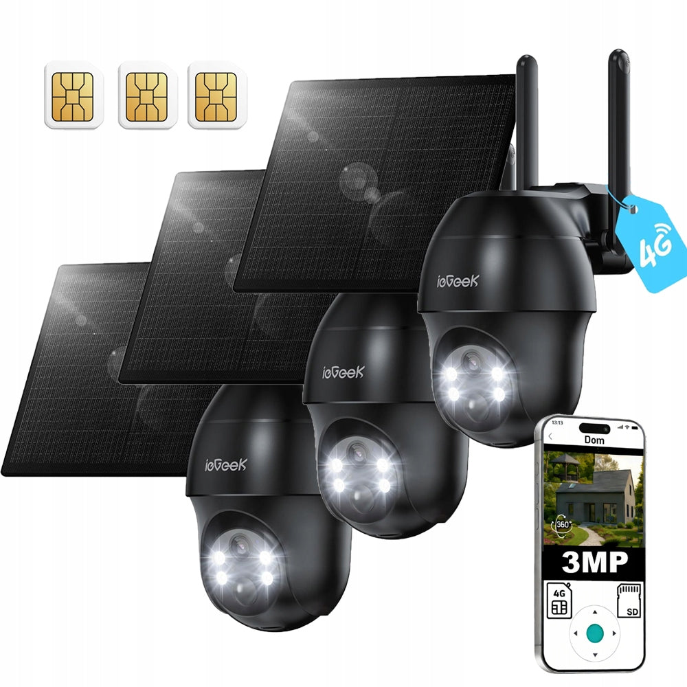 3pcs Outdoor Camera 3MPX 4G LTE Rotating Home Monitoring with SIM Card