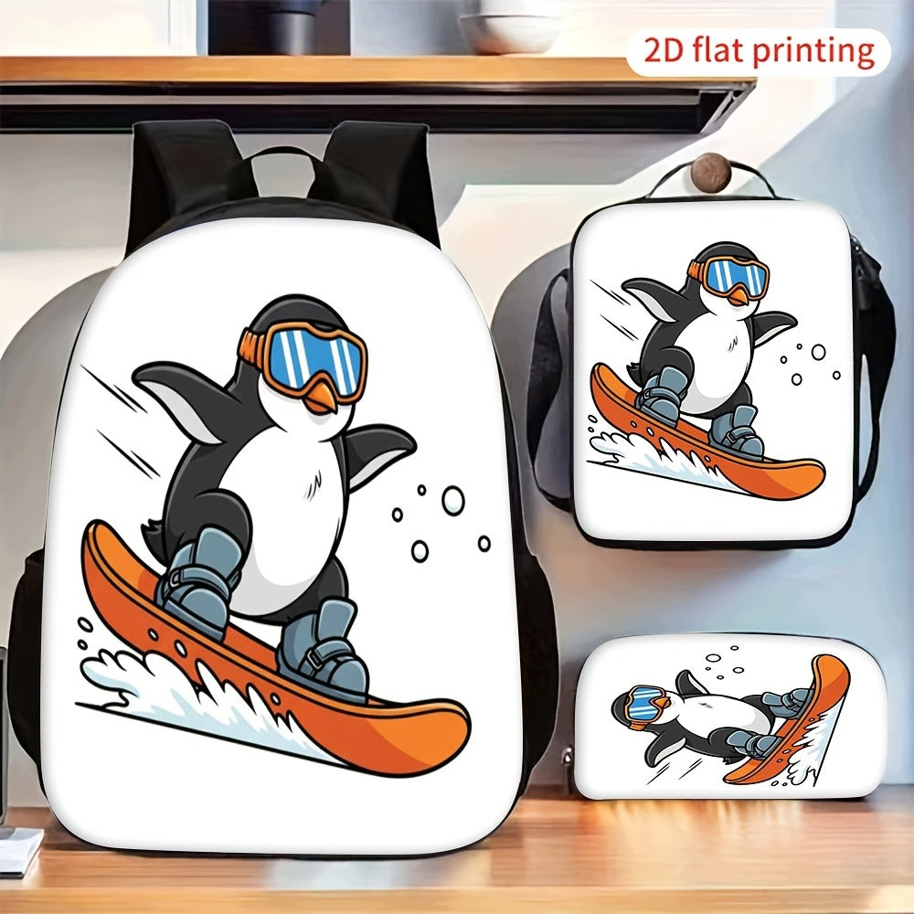 3pcs Penguin Snowboarding Print Backpack Set with Lunch Bag