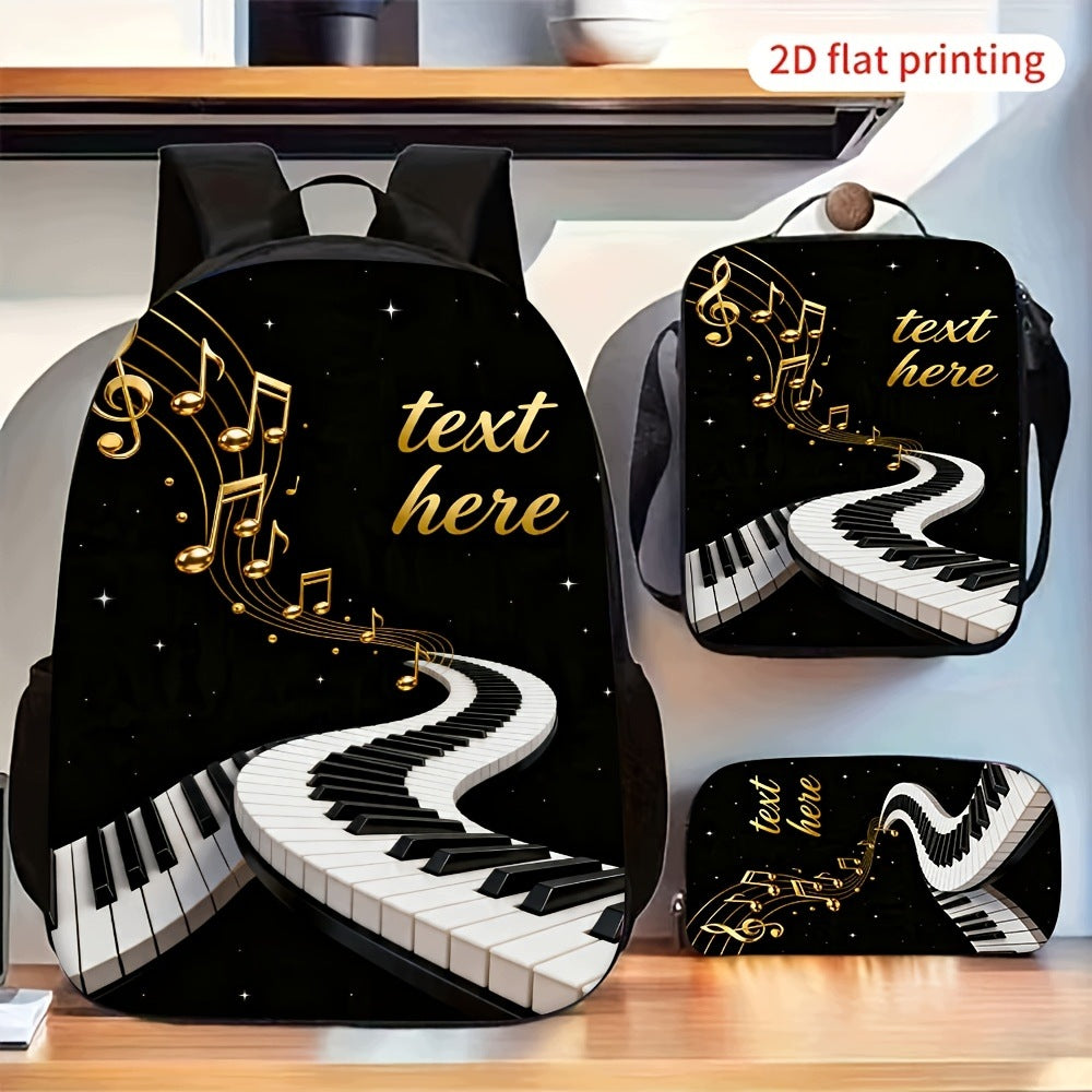 3pcs Piano Keyboard Musical Note Print Backpack Shoulder Bag Pencil Case