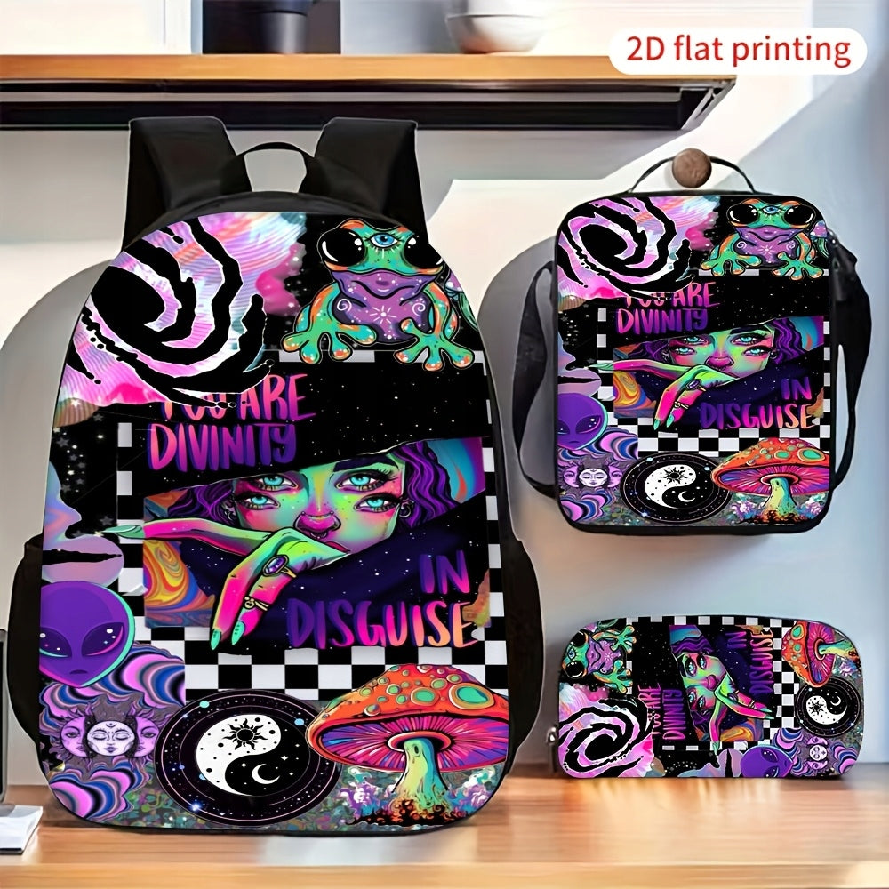 3pcs Psychedelic Witch Print Backpack Set Retro Abstract Pattern