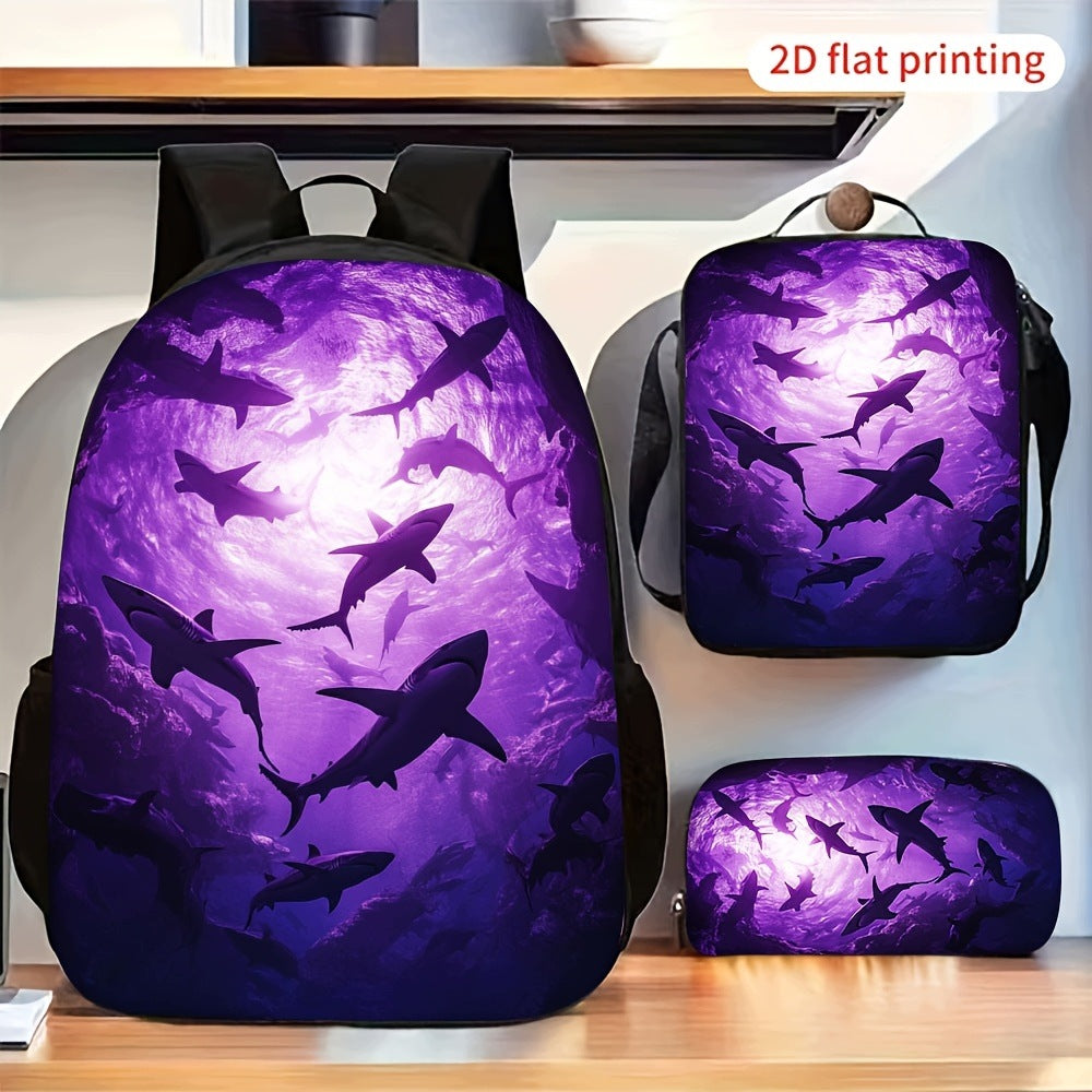 3pcs Purple Multiple Sharks Pattern Fashion Backpack Combo Set