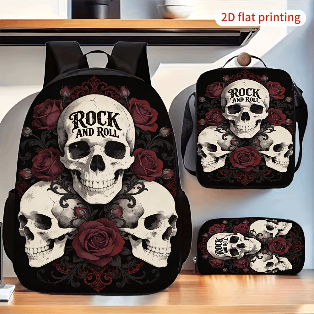3pcs Rock Skull Red Rose Print Backpack Lunch Bag Pencil Case