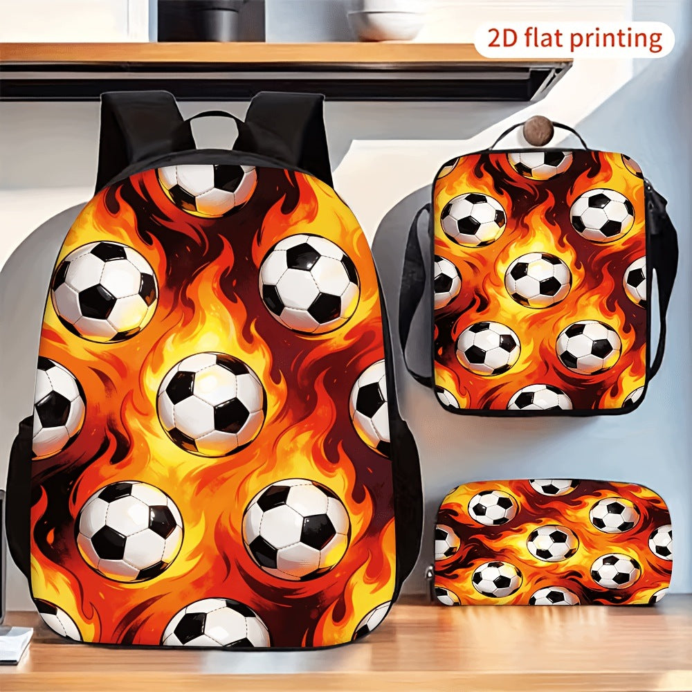 3pcs Soccer Theme Backpack Lunch Bag Pencil Case Lightweight Portable